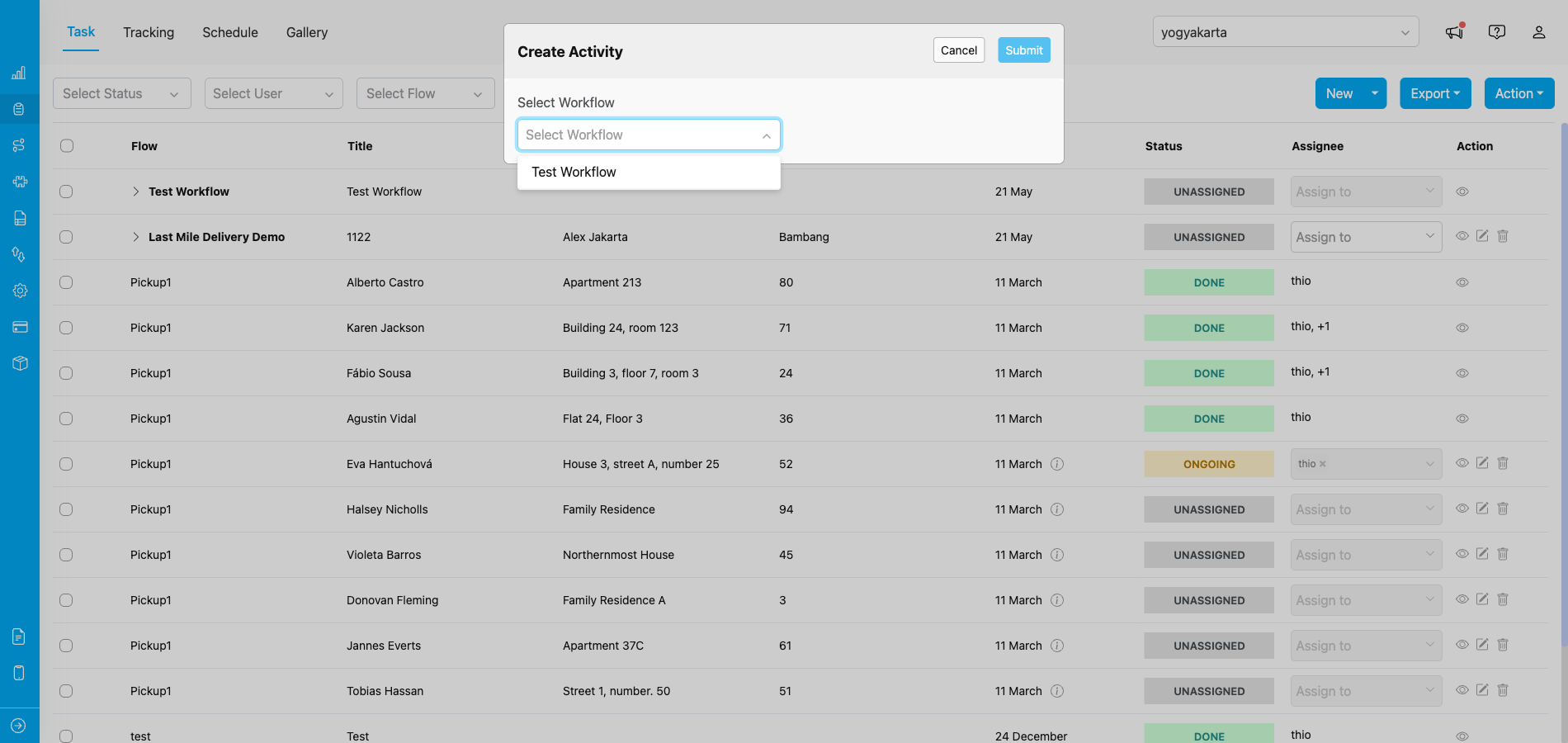 Workflow selection dropdown