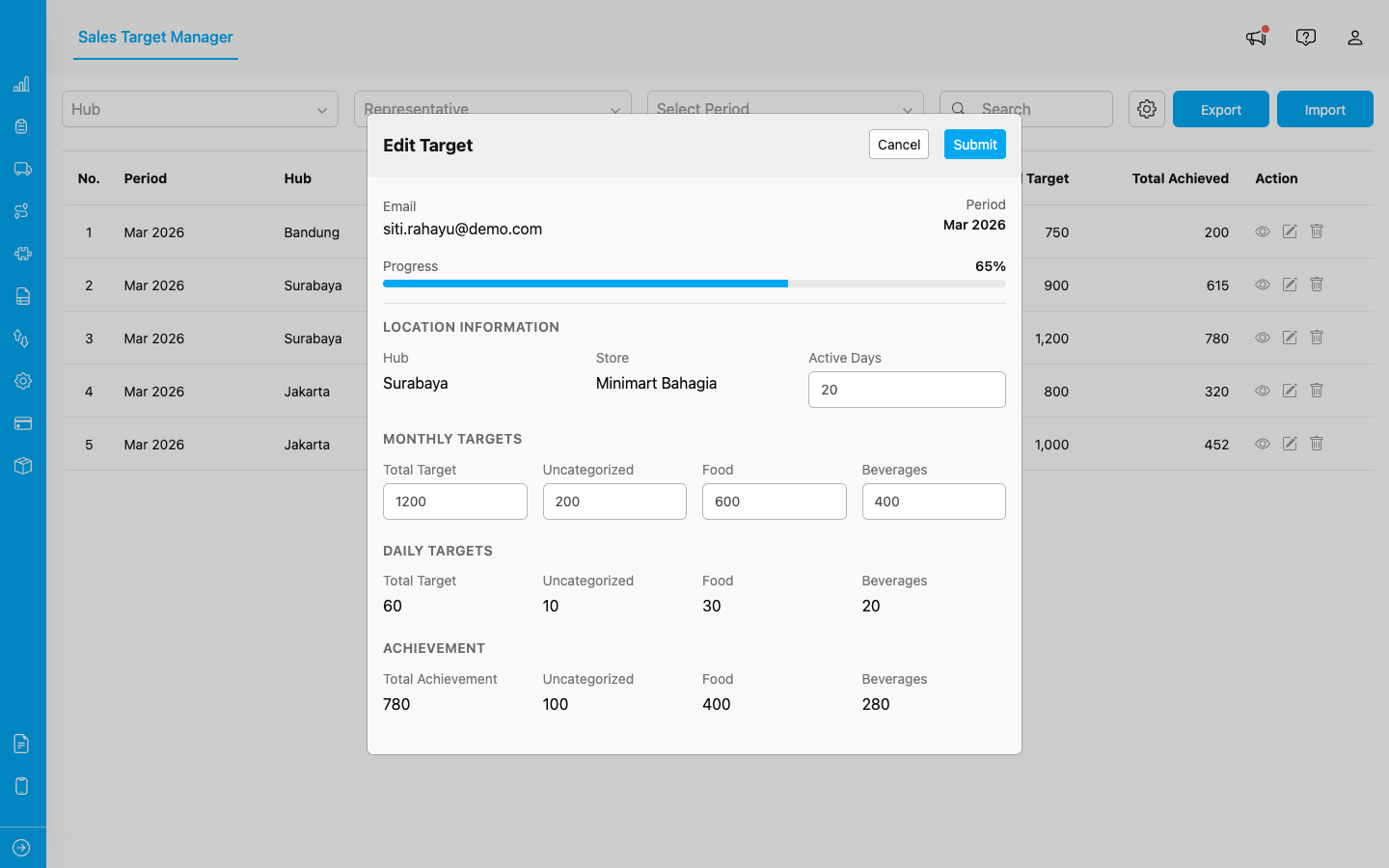 Edit Target modal
