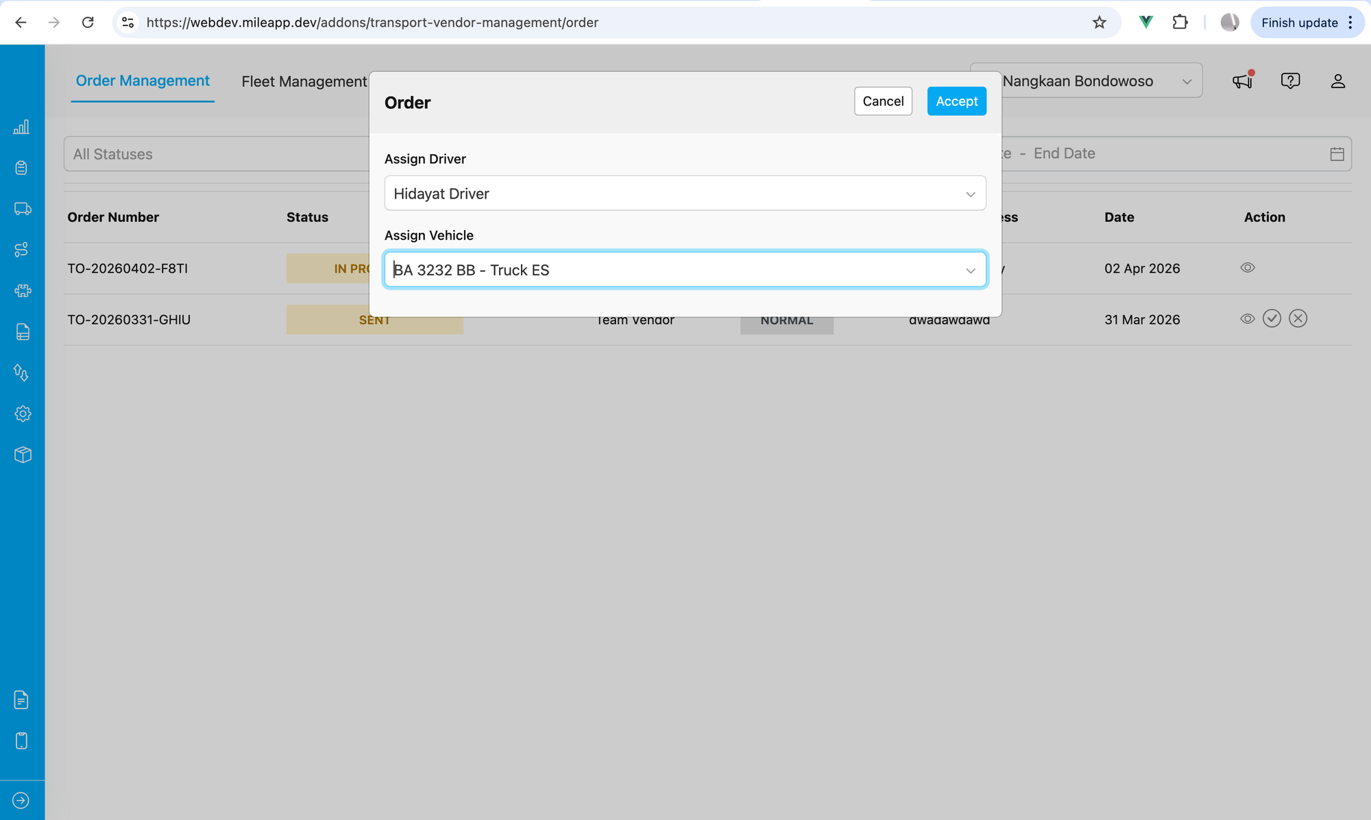Accept order modal