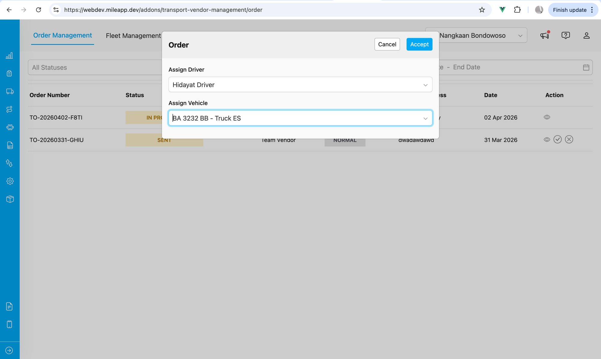 Accept order modal