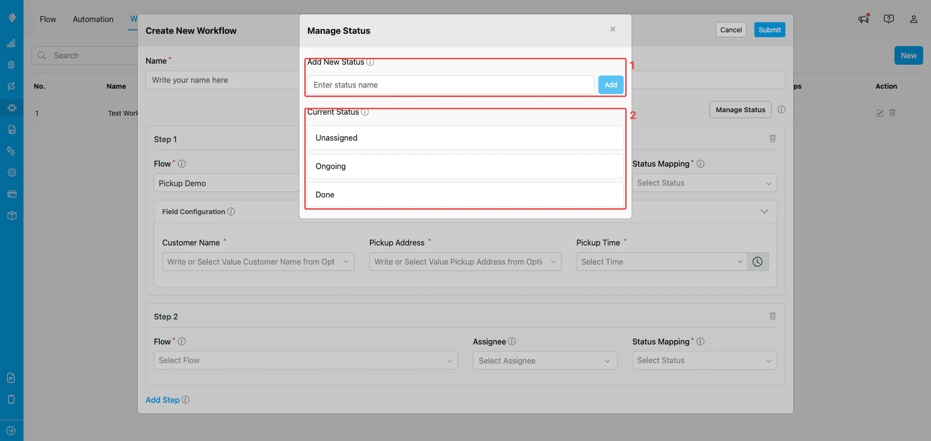 Manage Status modal