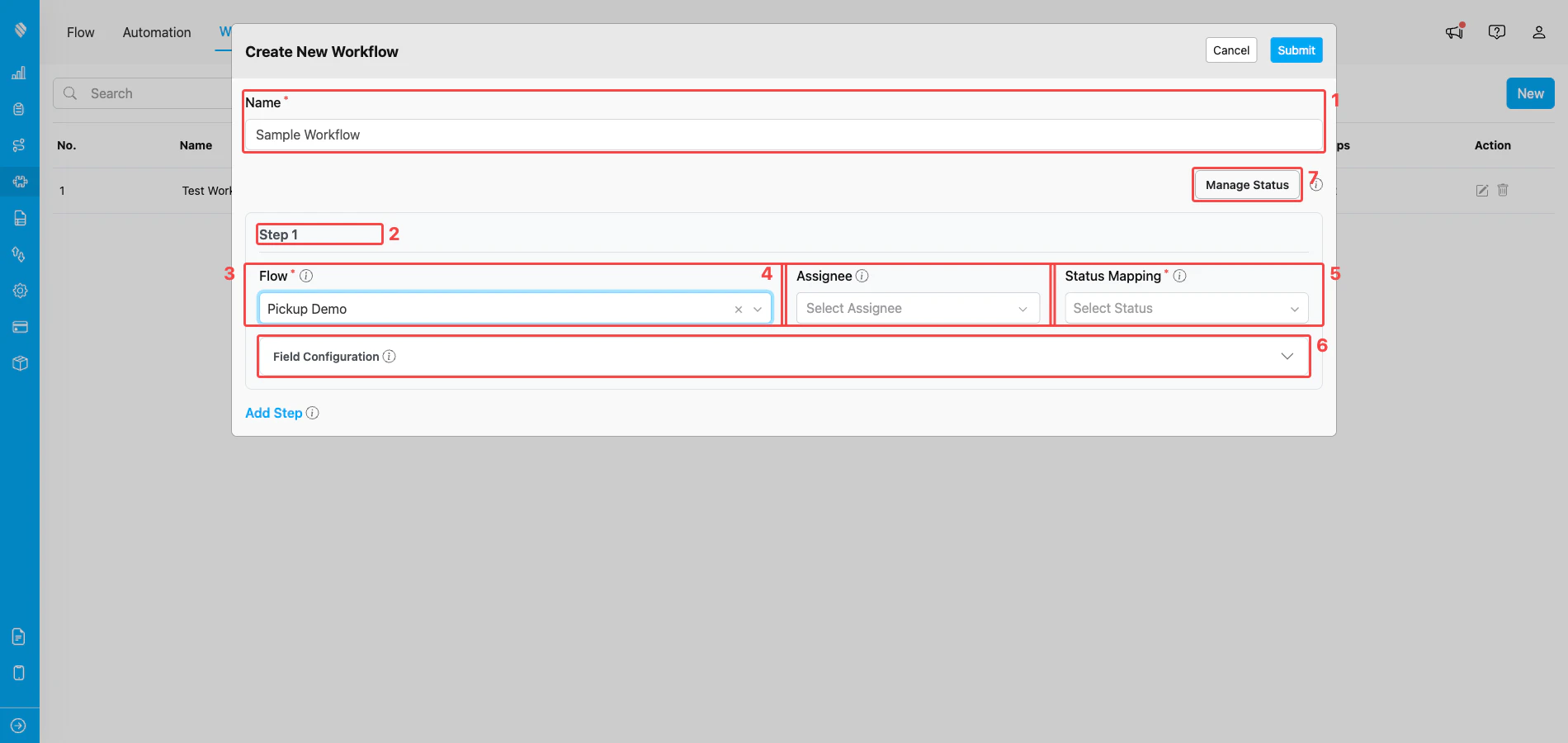 Workflow building blocks in the Create Workflow modal