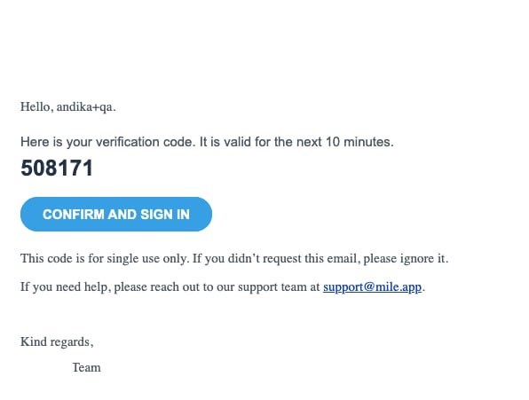 Verification code email sample
