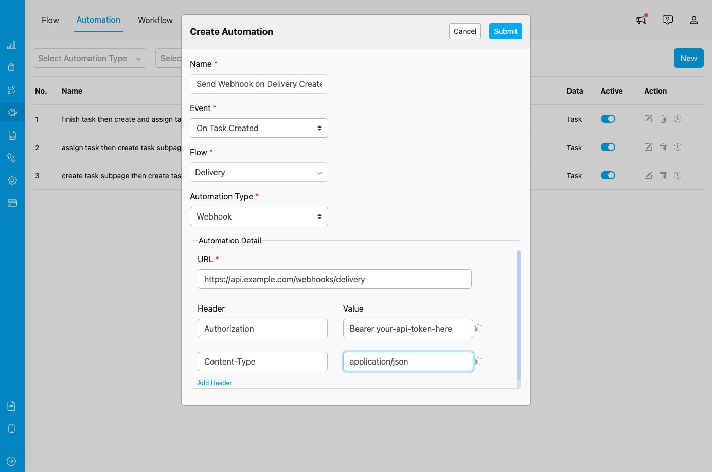 Webhook automation configuration