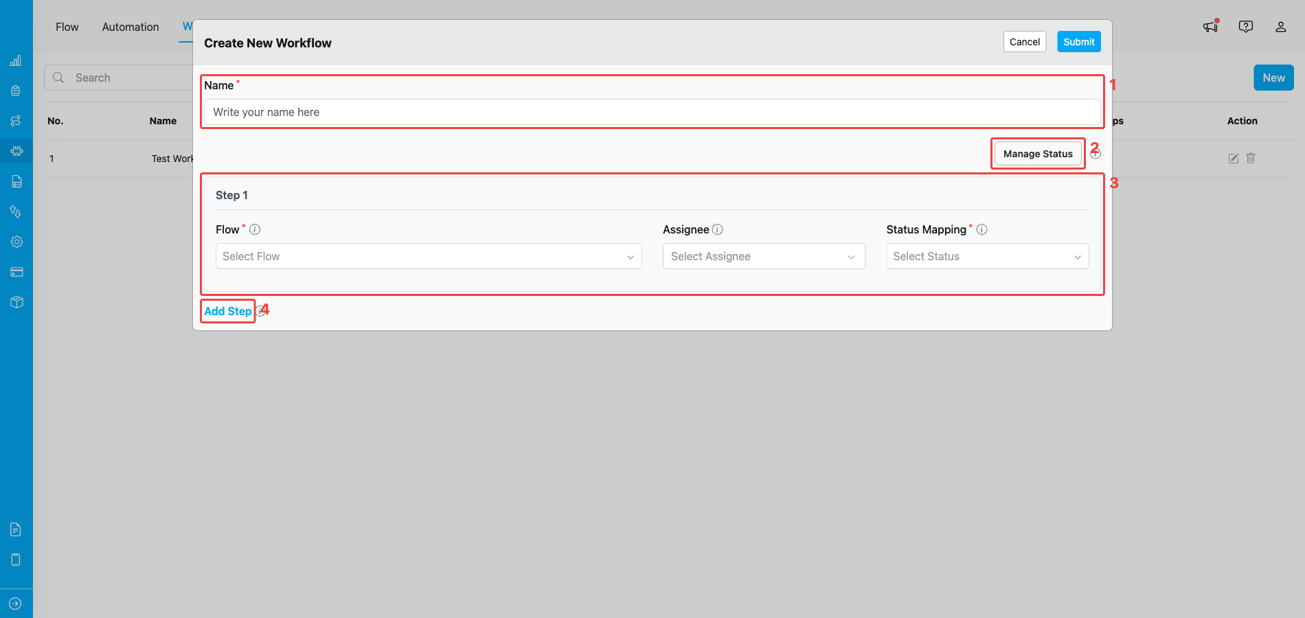 Create Workflow modal