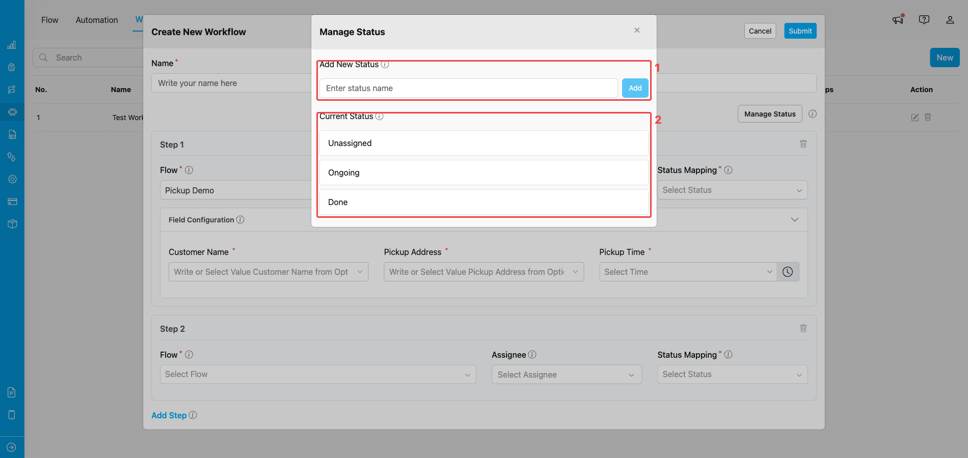 Manage Status modal