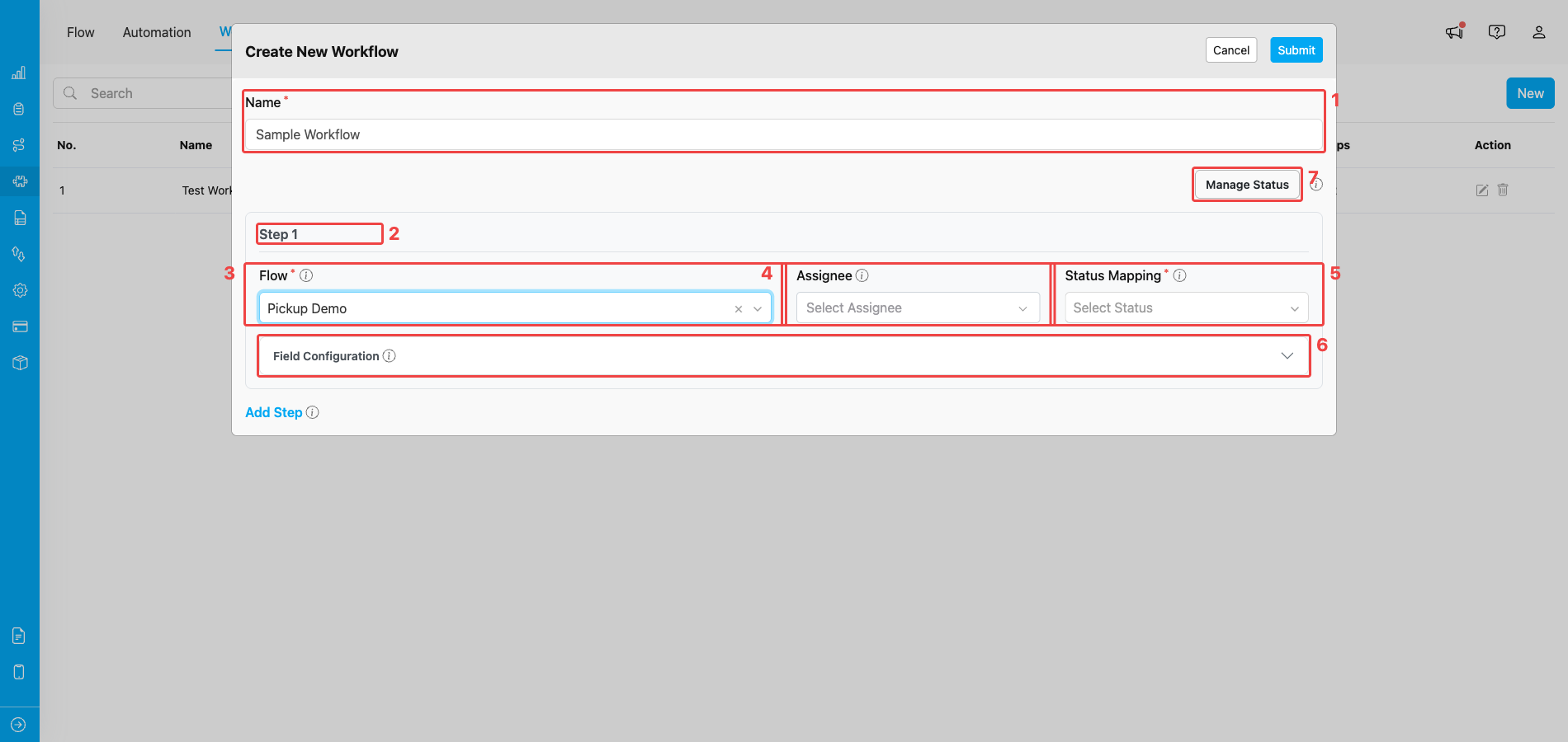 Workflow building blocks in the Create Workflow modal