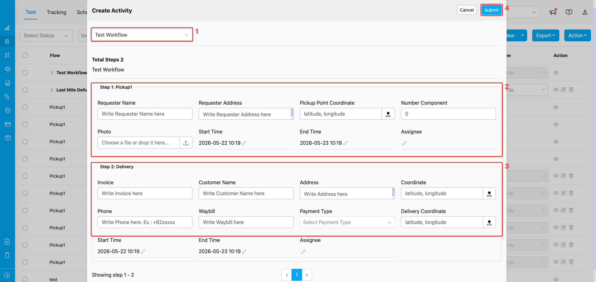Create Activity multi-step form