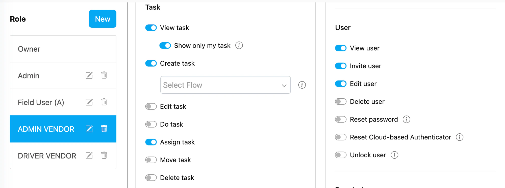Admin Vendor role - Task and User permissions