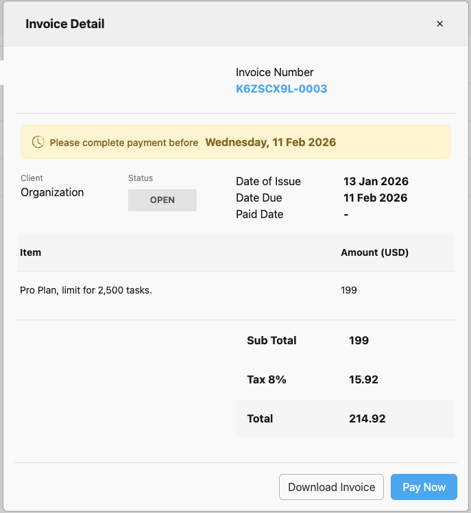 USD Invoice Detail Popup
