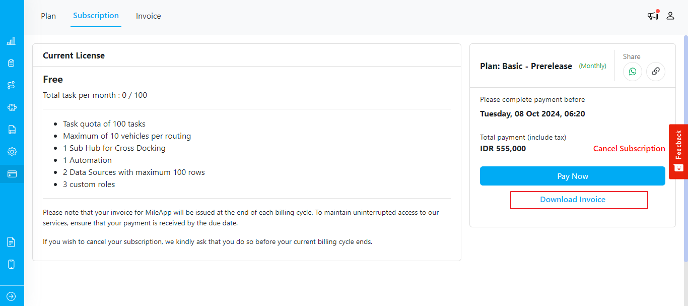 Download invoice from Subscription page