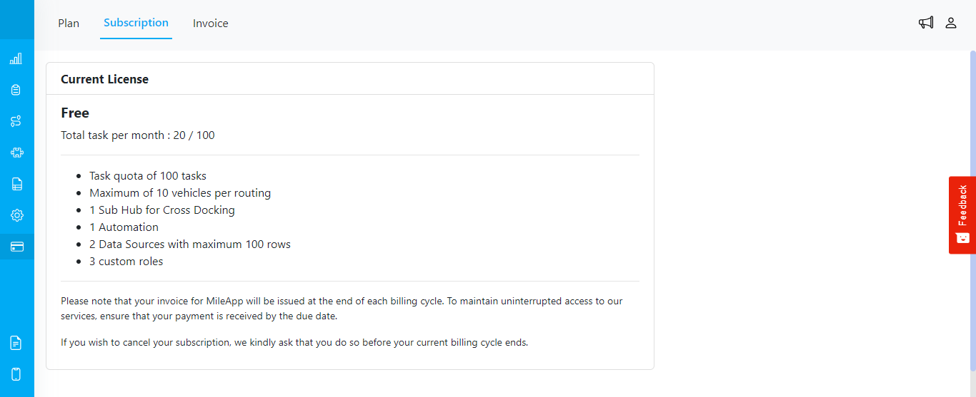 Billing Subscription Menu
