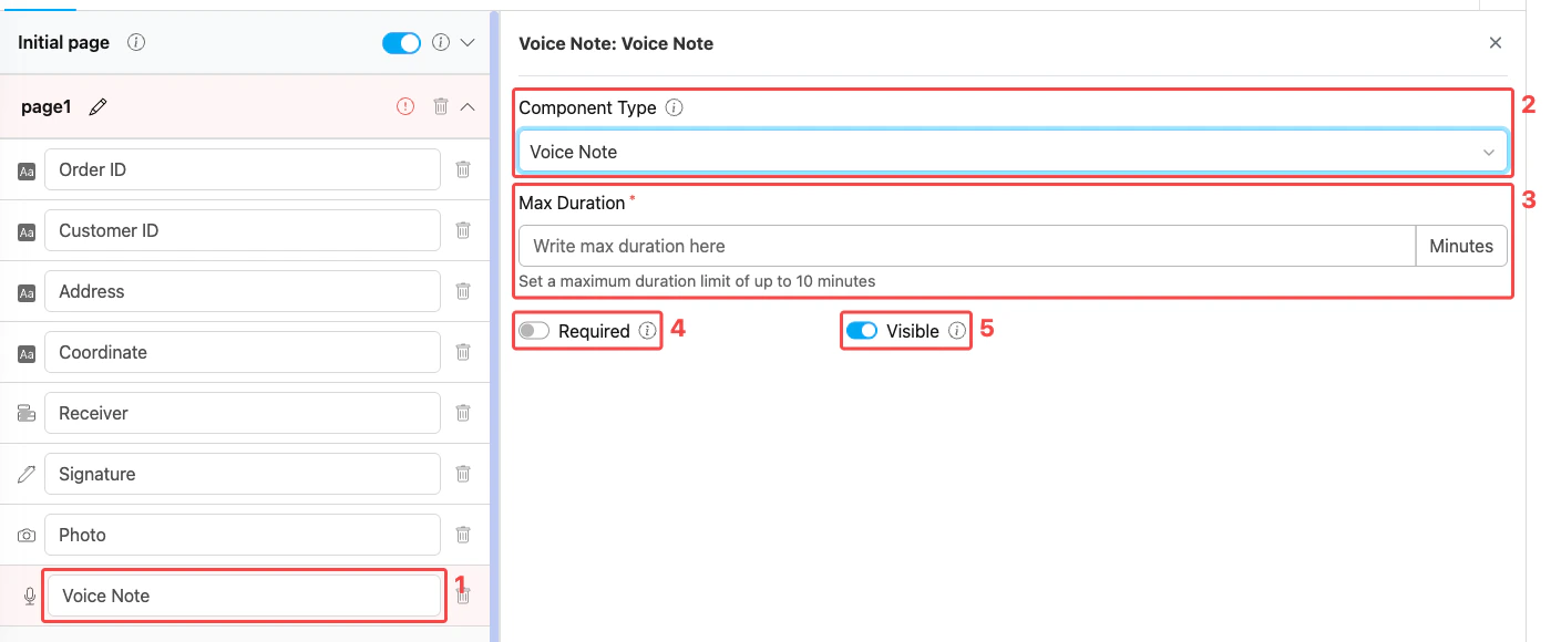 Voice Note component configuration