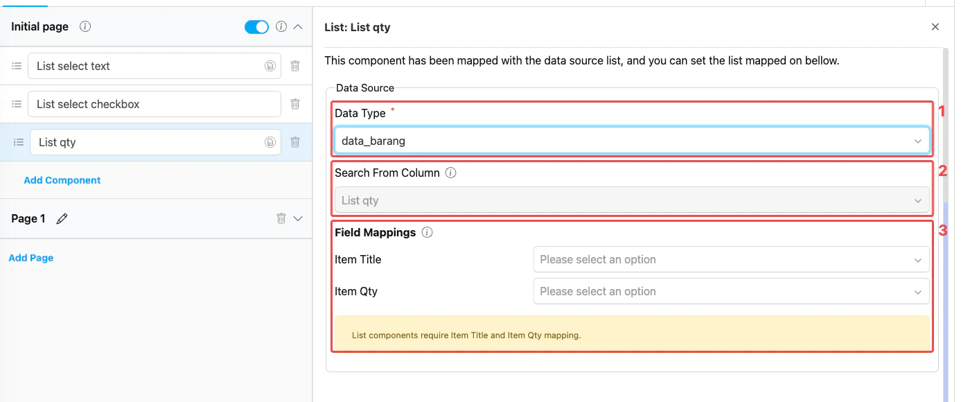 List component data source binding