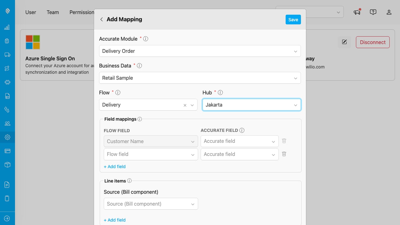 Add Mapping form for Accurate to MileApp, with field mappings and line items