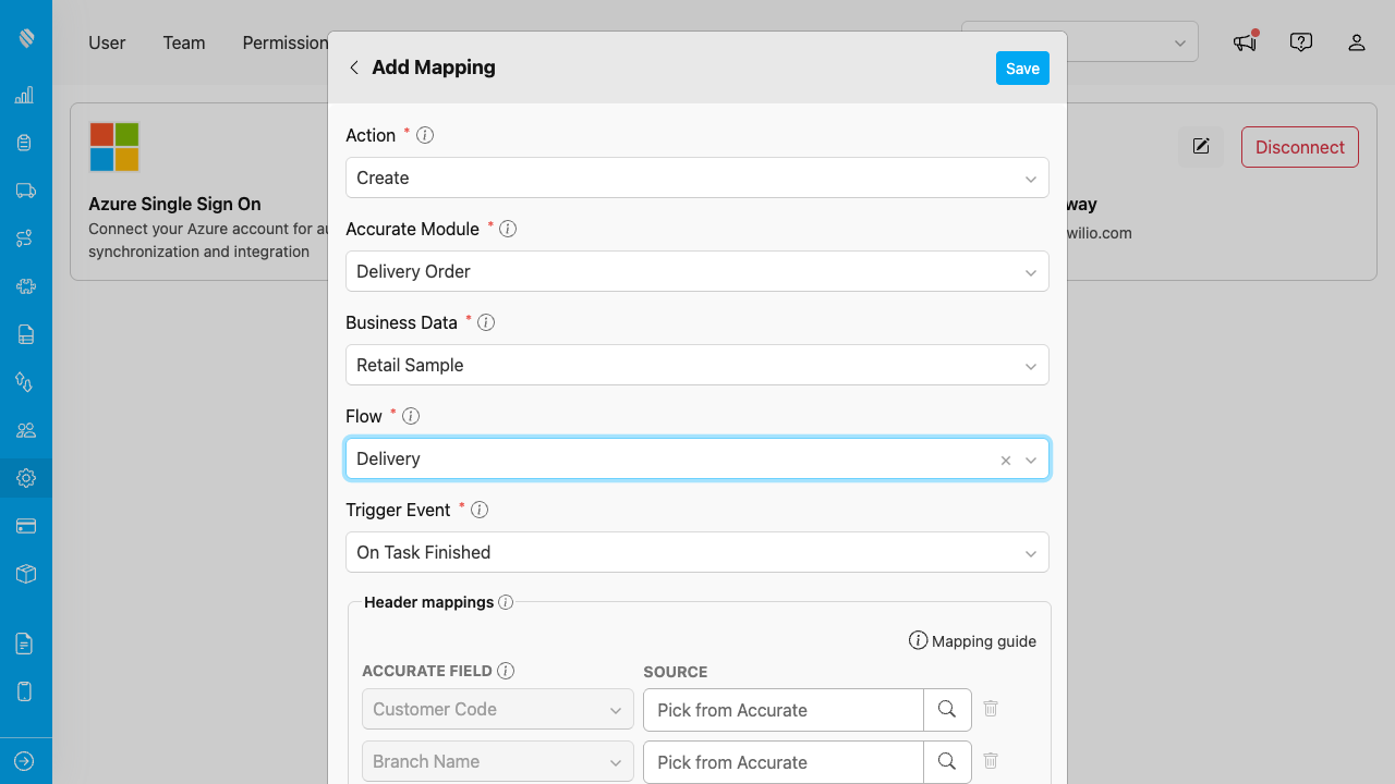 Add Mapping form for MileApp to Accurate, with action, trigger event and header mappings