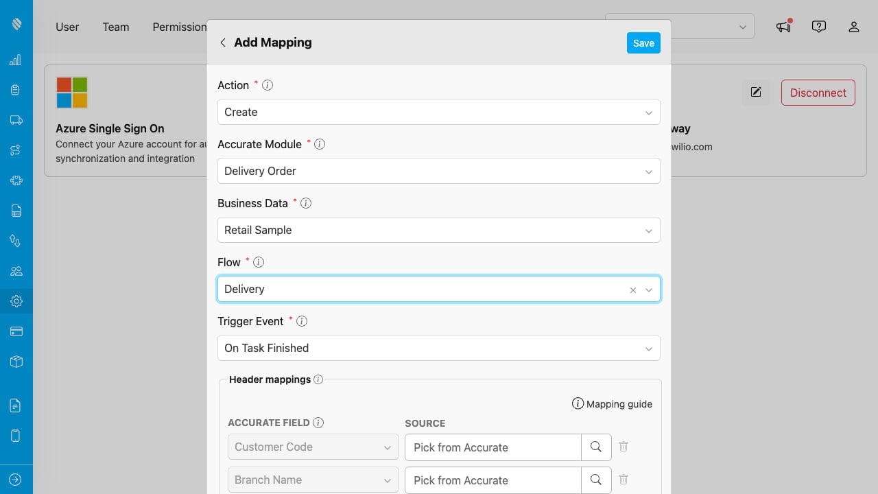 Add Mapping form for MileApp to Accurate, with action, trigger event and header mappings