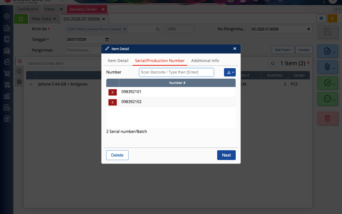 The Serial/Production Number tab of a Delivery Order in Accurate, showing the captured serials