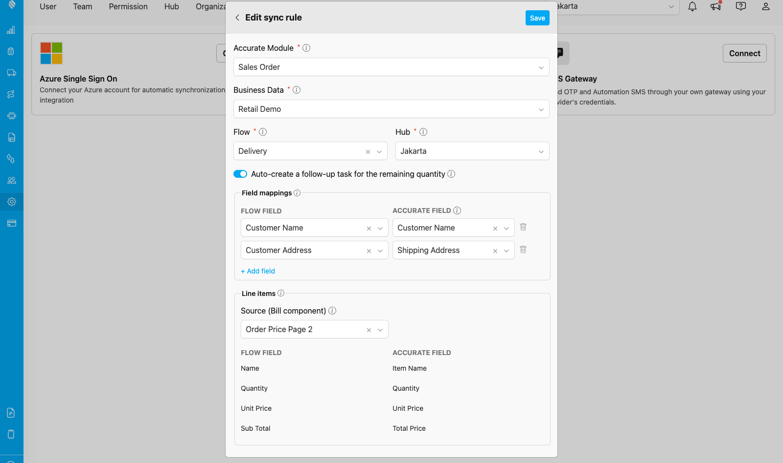 The import mapping form showing header field mappings and the line items section