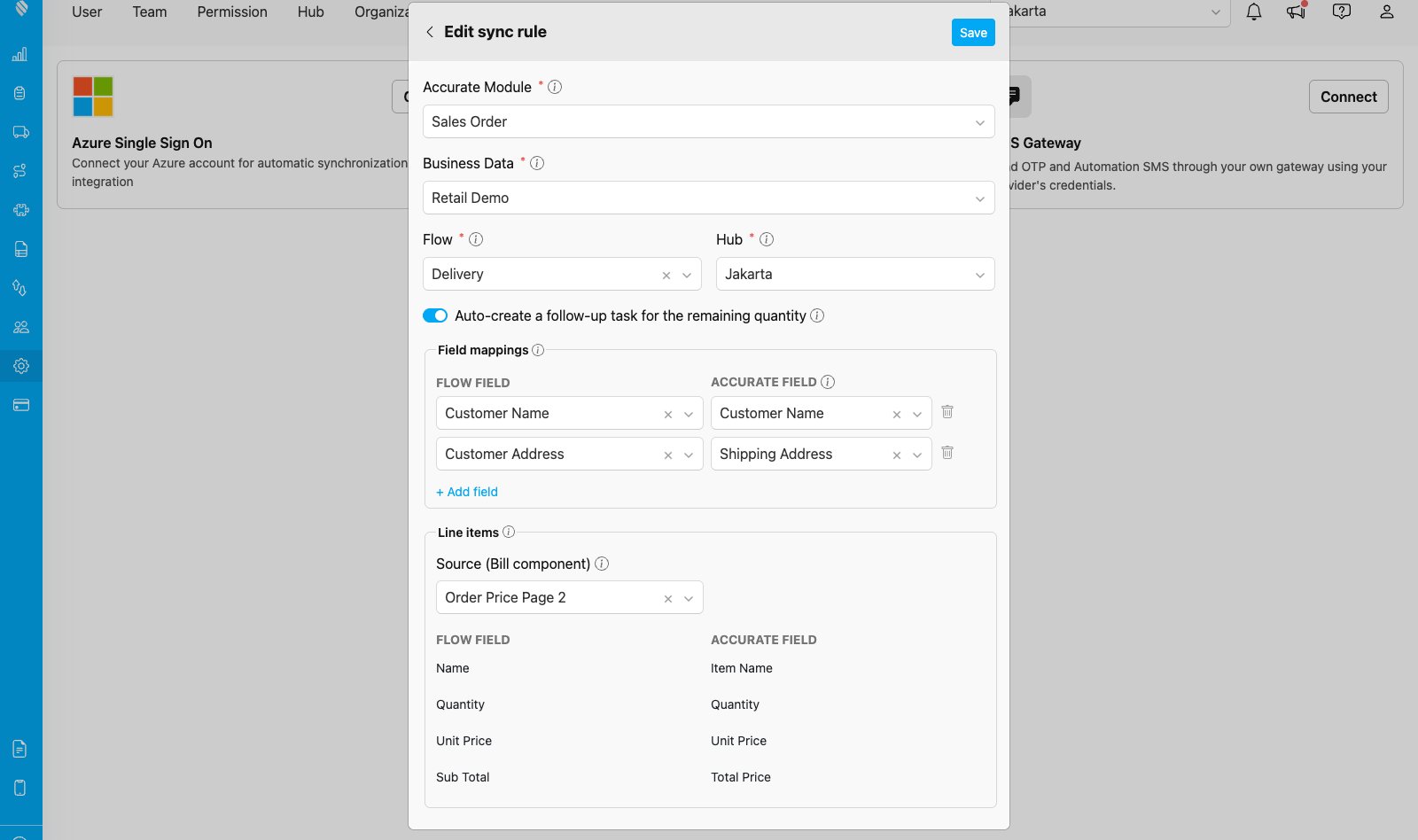 The import mapping form showing header field mappings and the line items section