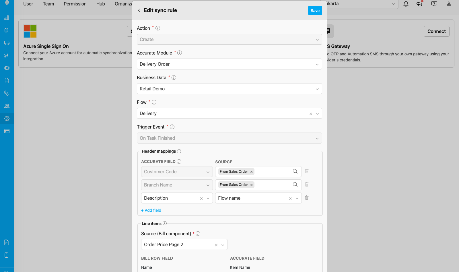 The push mapping form showing action, module, trigger event and header mappings