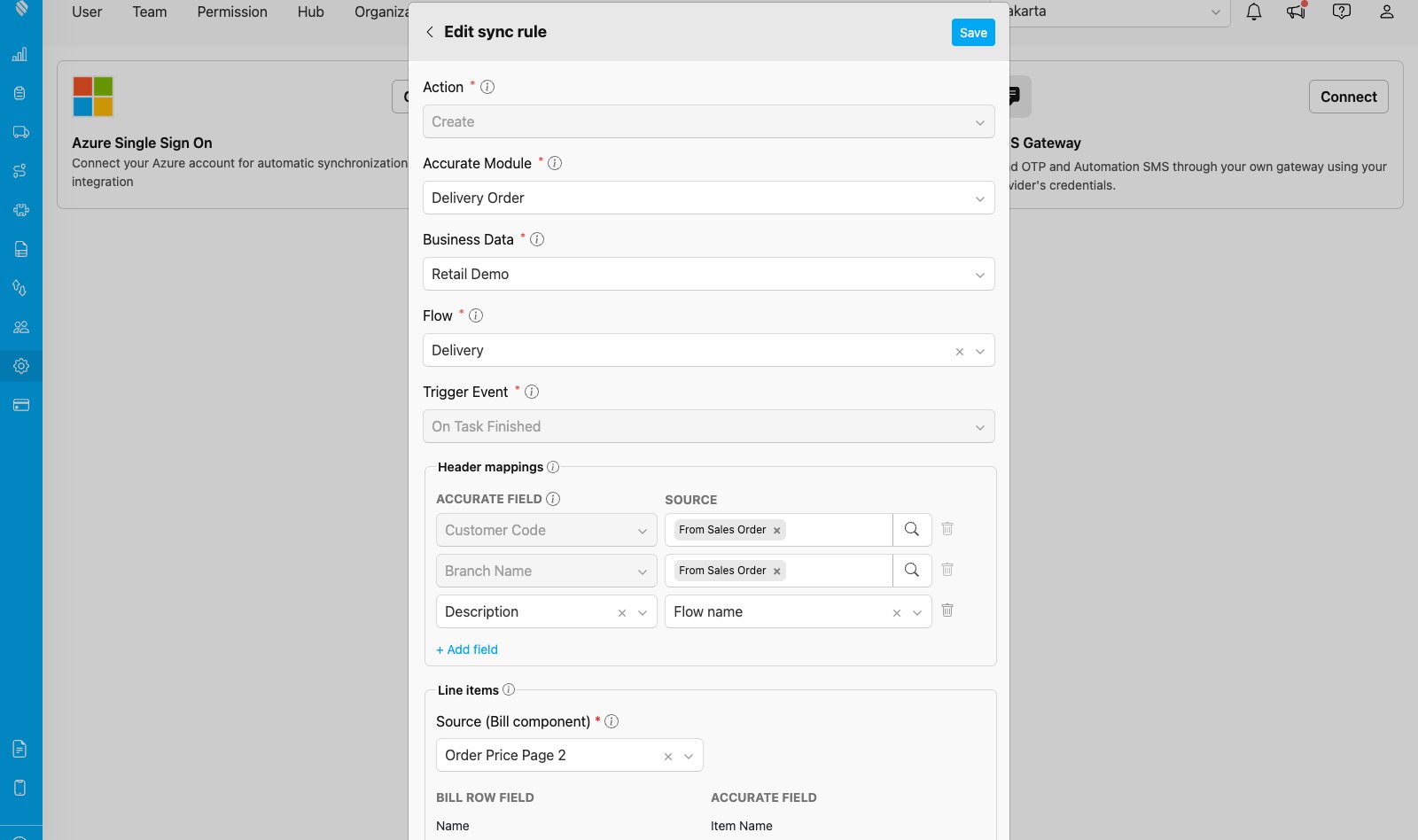 The push mapping form showing action, module, trigger event and header mappings
