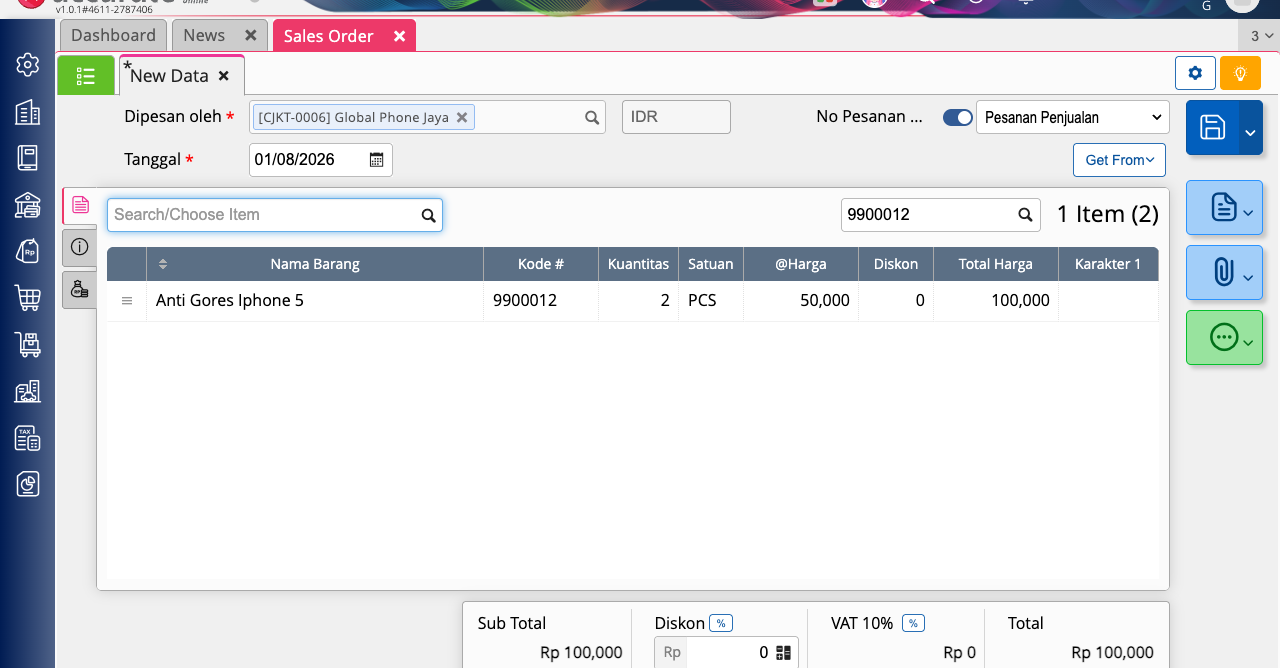 A Sales Order form in Accurate with a customer and one line item