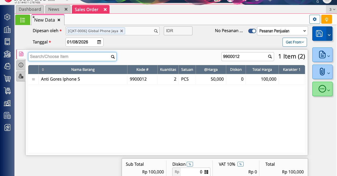 A Sales Order form in Accurate with a customer and one line item