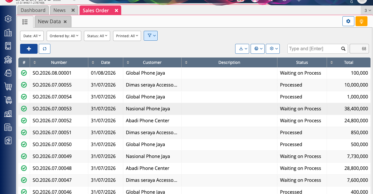 The Sales Order list with the new order on the top row
