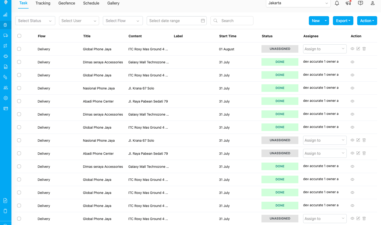 The MileApp task list with the newly imported task at the top