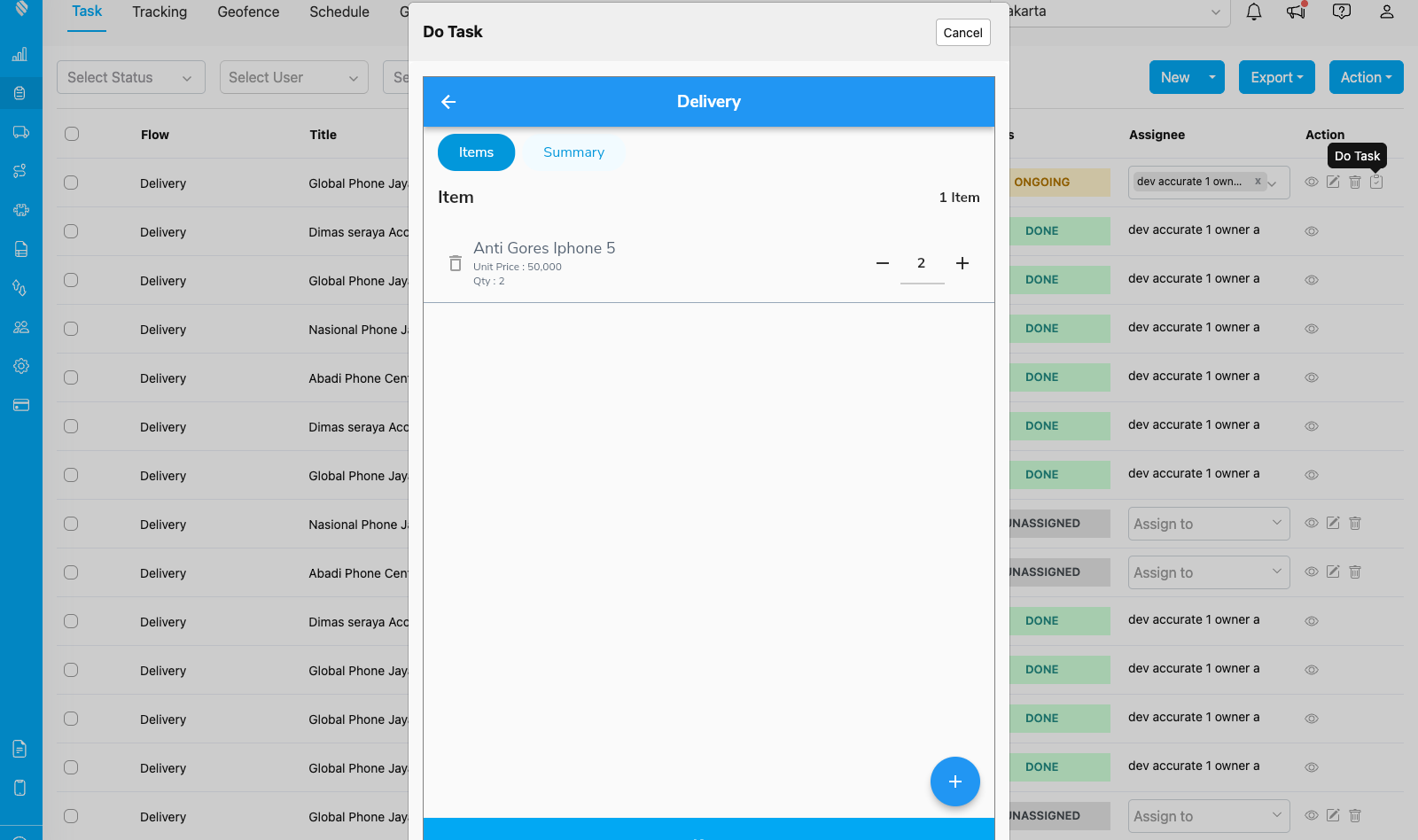 The process page showing the bill with a quantity stepper