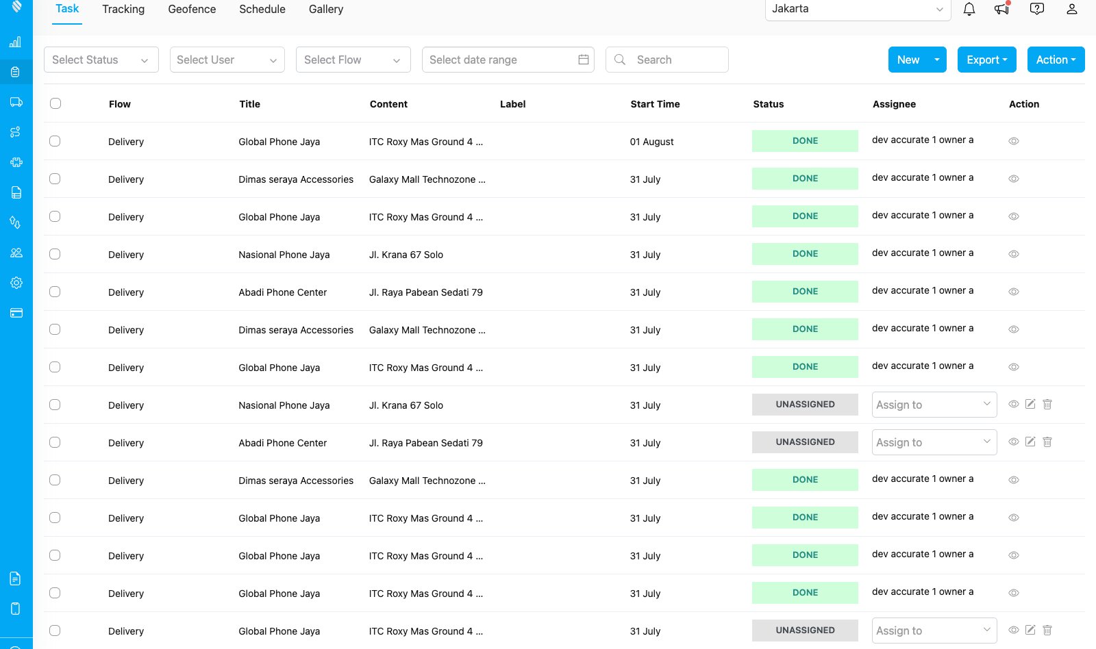 The task list showing the completed task at status DONE