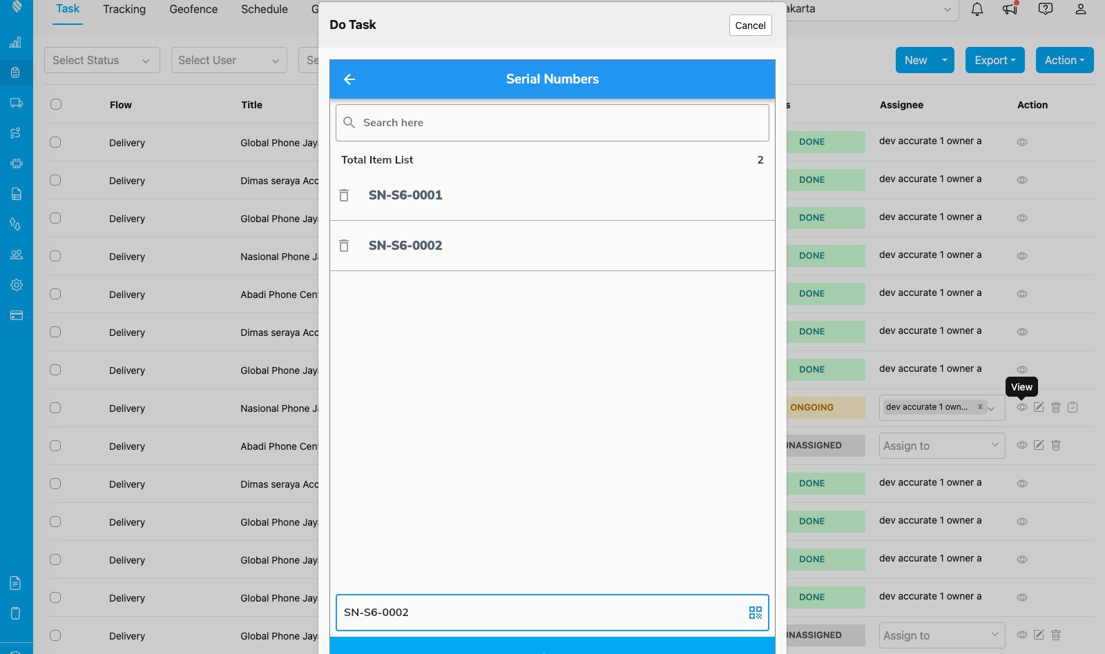 The Serial Numbers page during Do Task with two serials entered and the counter showing two
