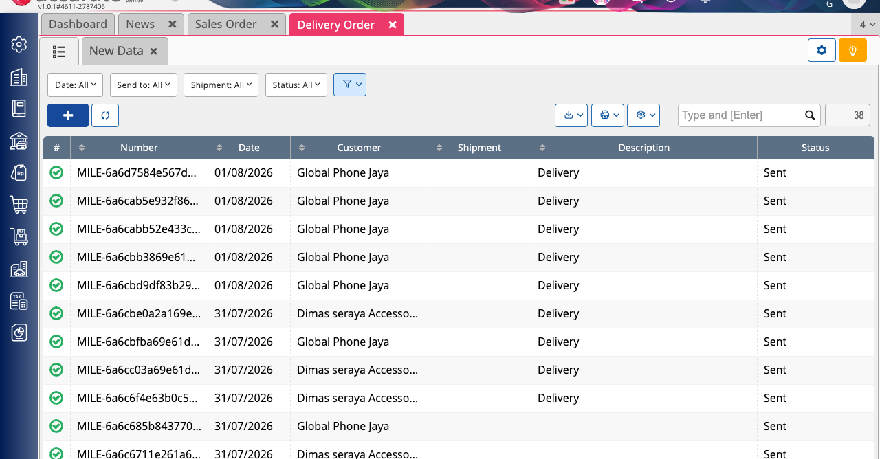 The Delivery Order list in Accurate with the newest deliveries