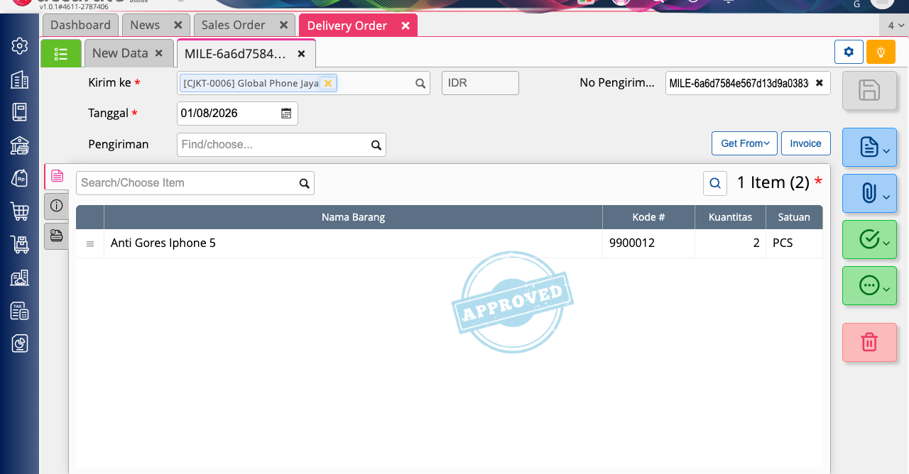 A Delivery Order in Accurate showing its line item and quantity