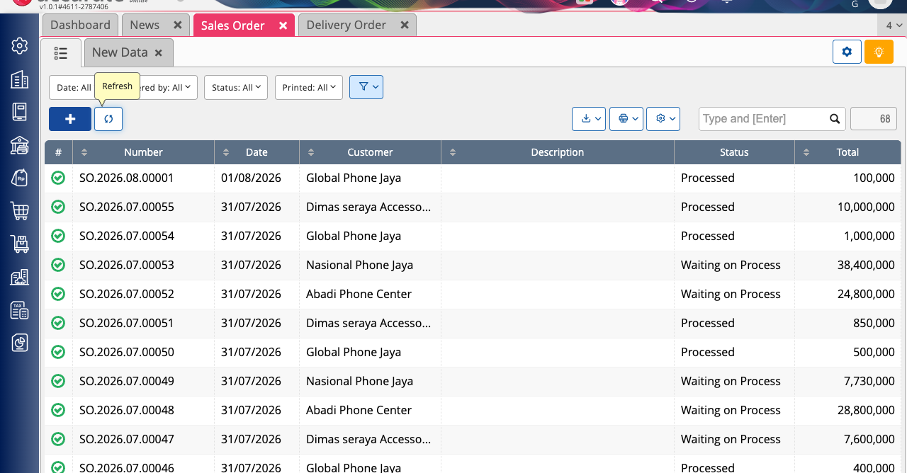 The Sales Order list showing the order now at Processed