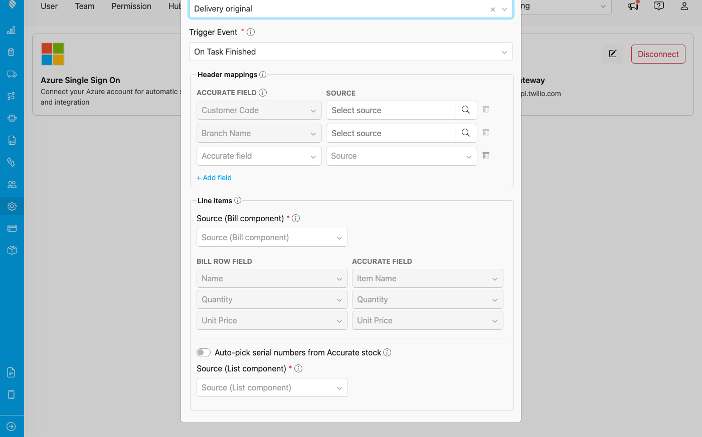 The Line items section of a push rule: Bill source, the auto-pick toggle, and the List component source for serials