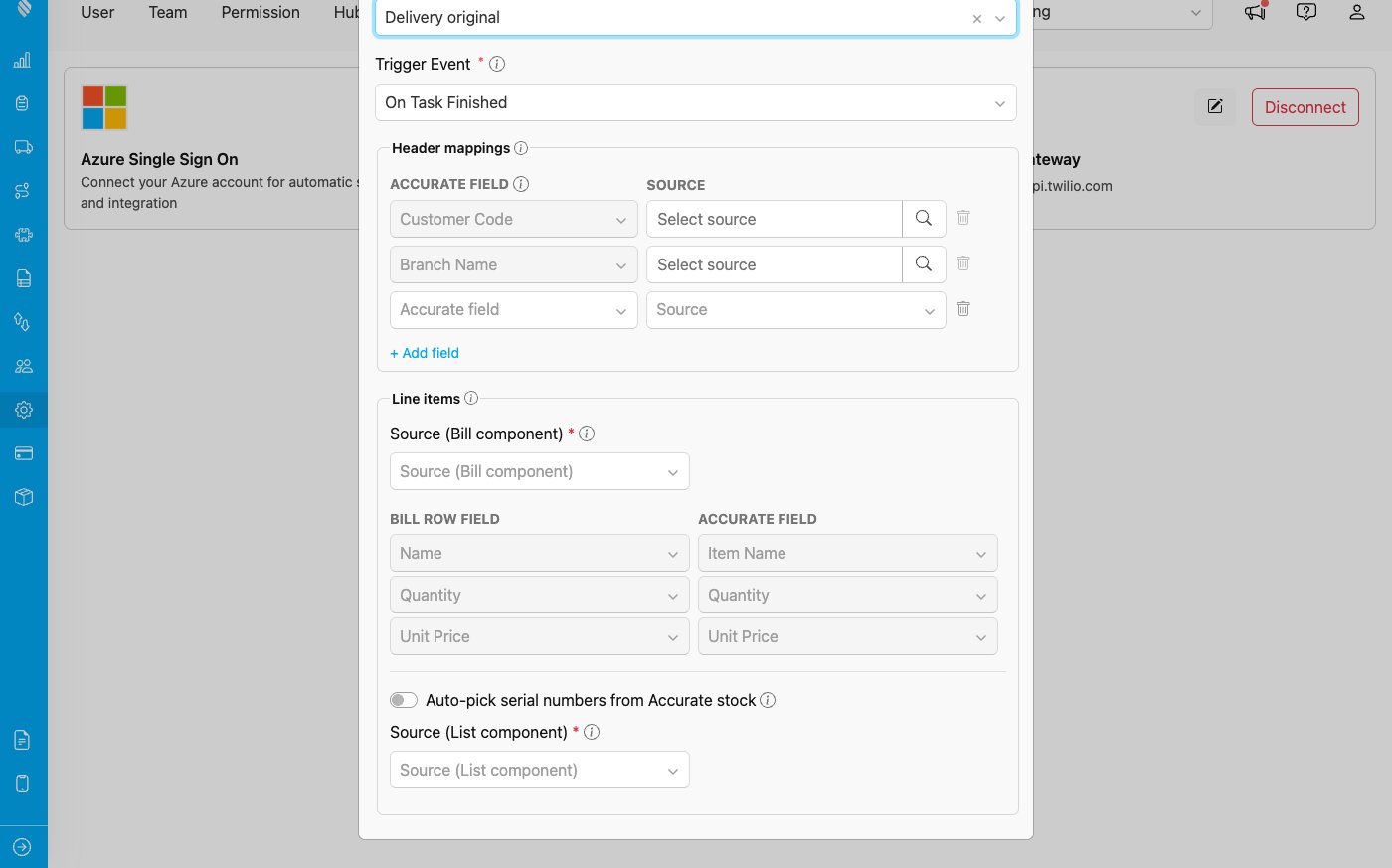 The Line items section of a push rule: Bill source, the auto-pick toggle, and the List component source for serials