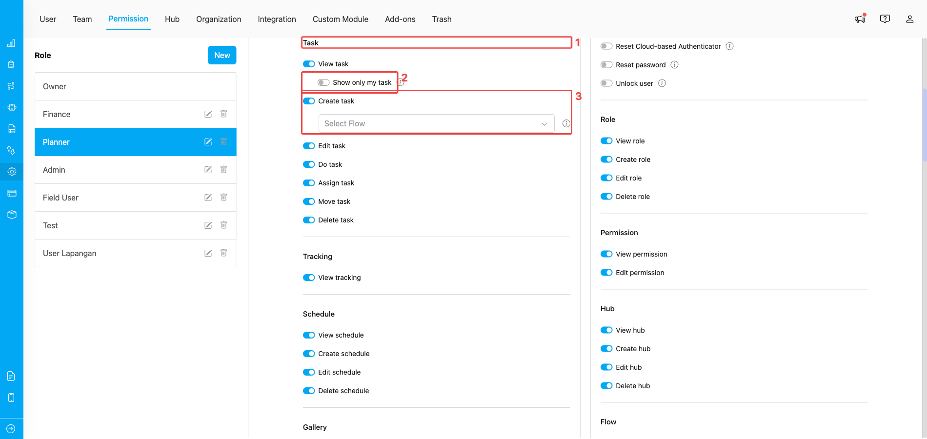 Per-permission scopes inside the Task module