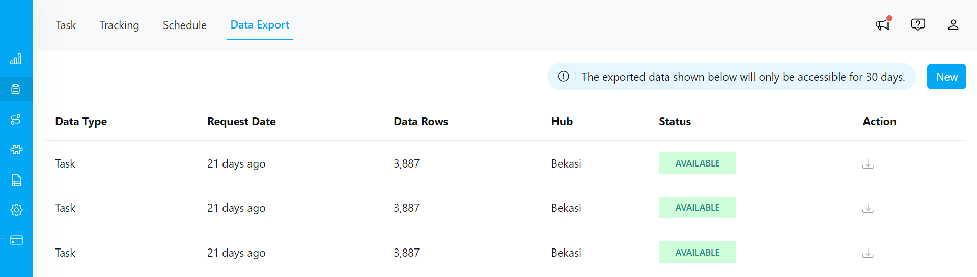 Data Export page display