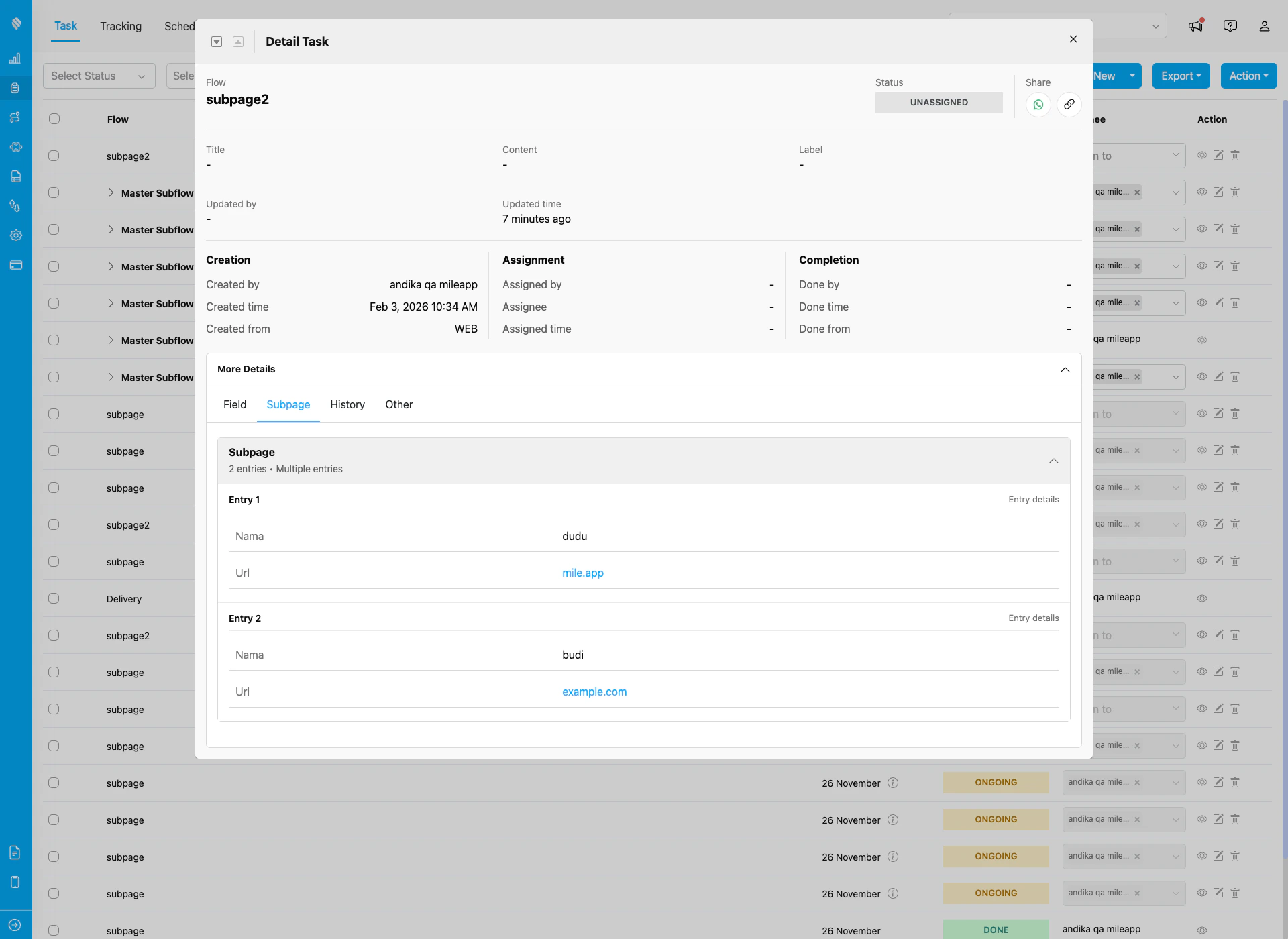 Task Detail Subpage Data