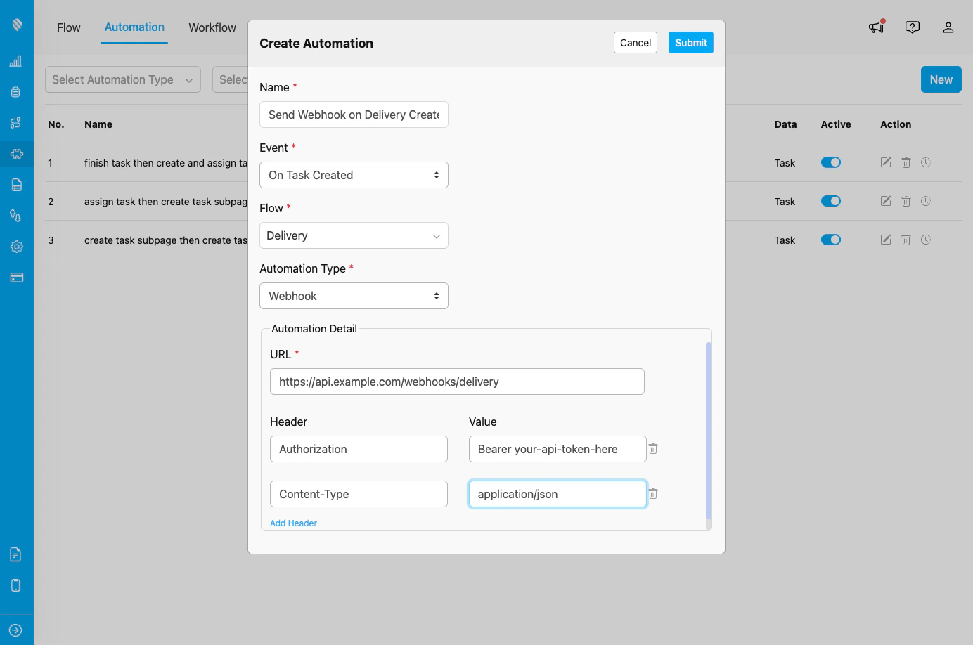 Webhook automation configuration