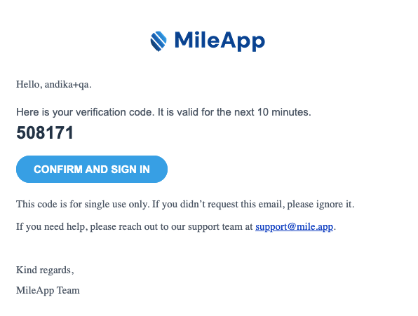 Verification code email sample