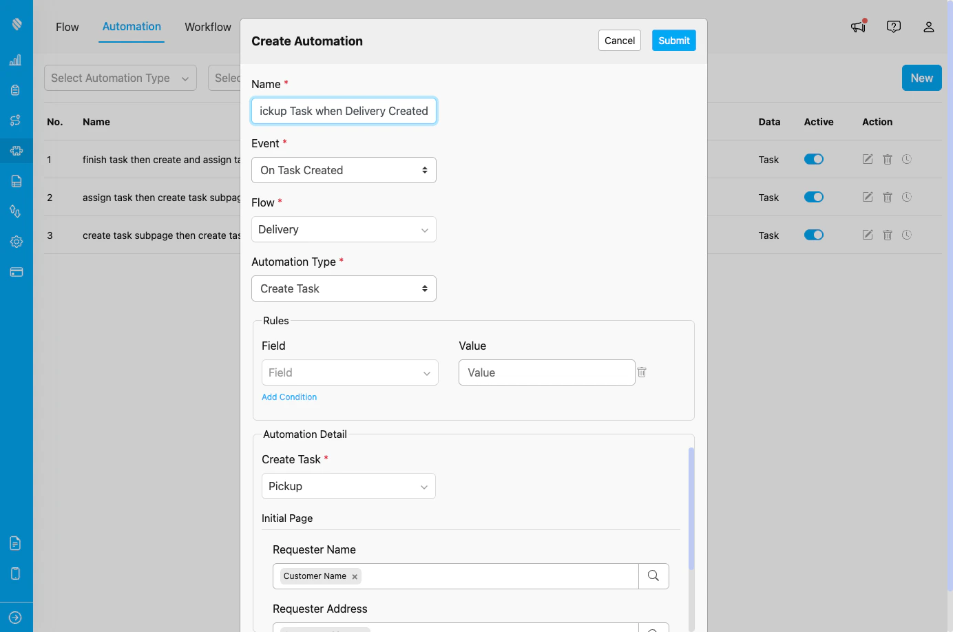 Create Task automation configuration