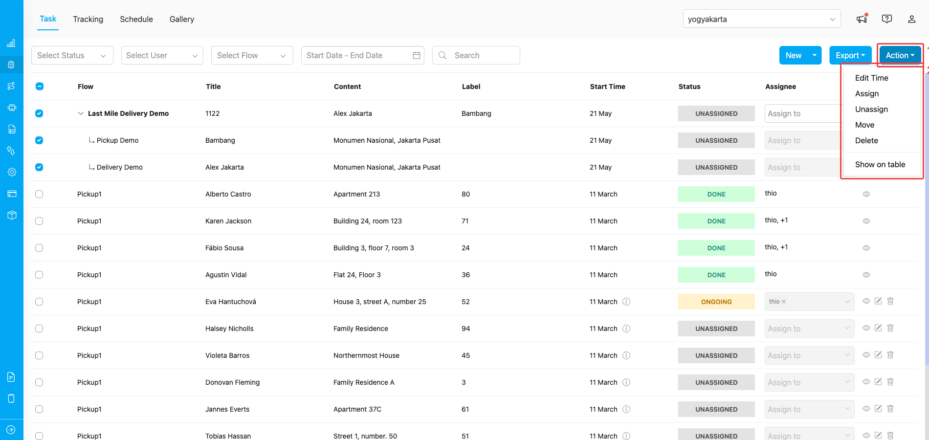 Bulk actions menu