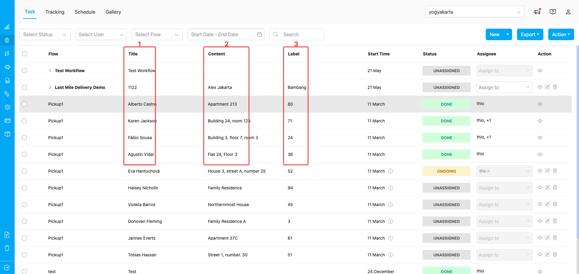 Web Task list showing Title, Content, and Label columns