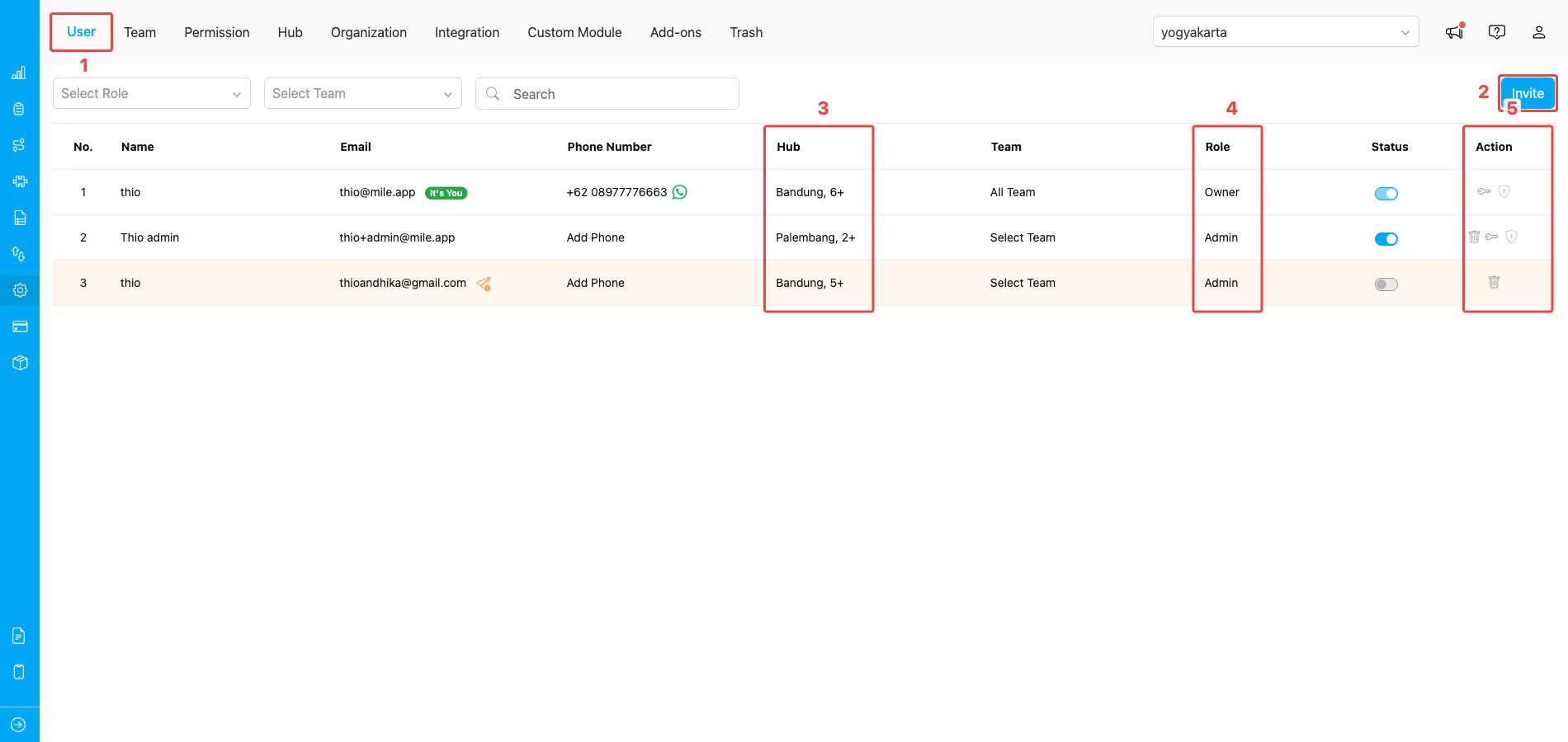 Setting → User page