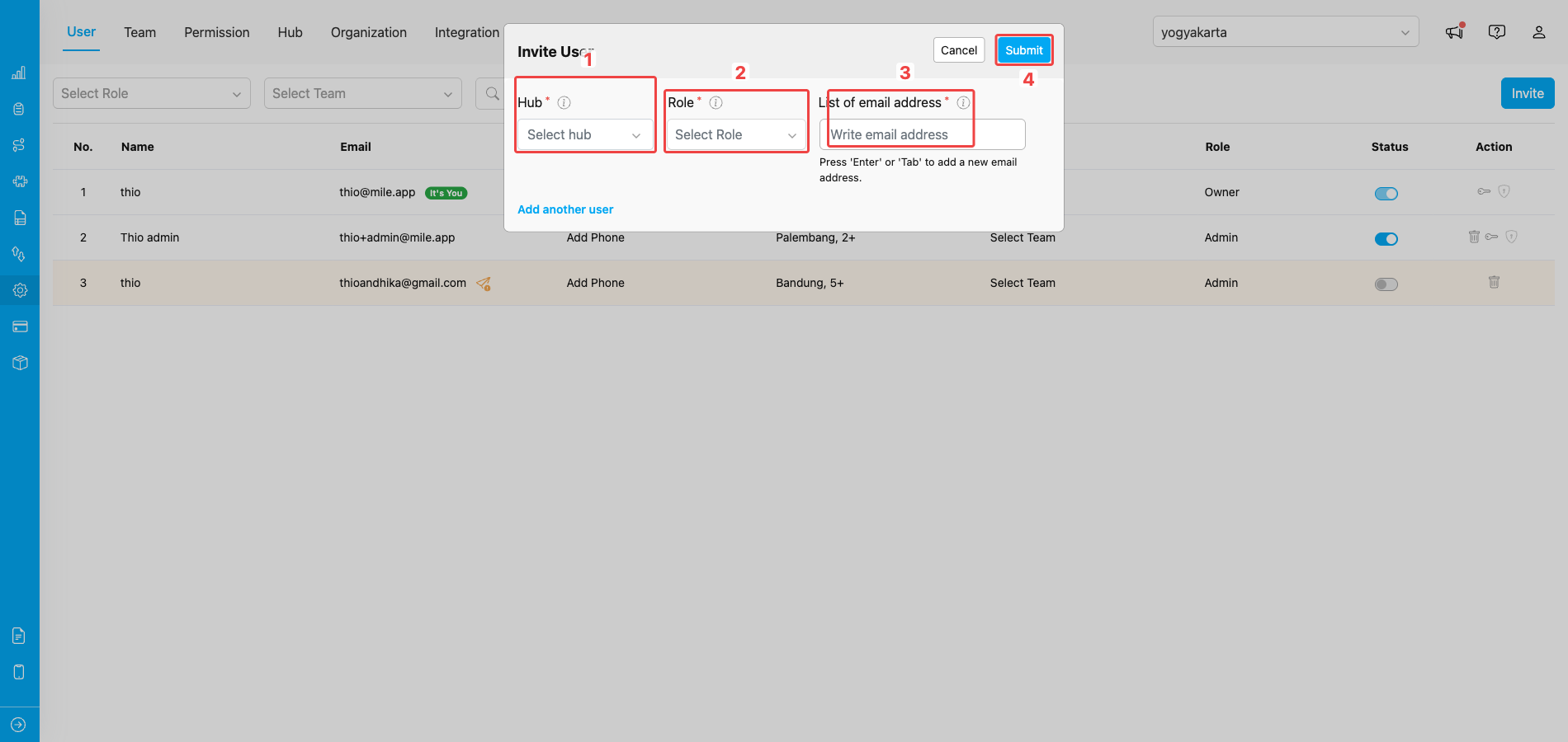 Invite User dialog