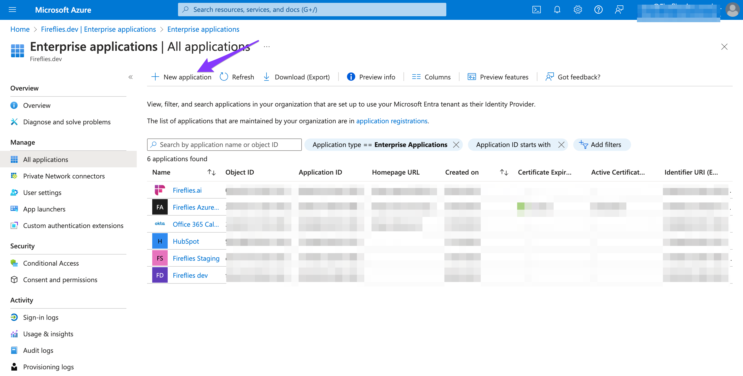 New application menu