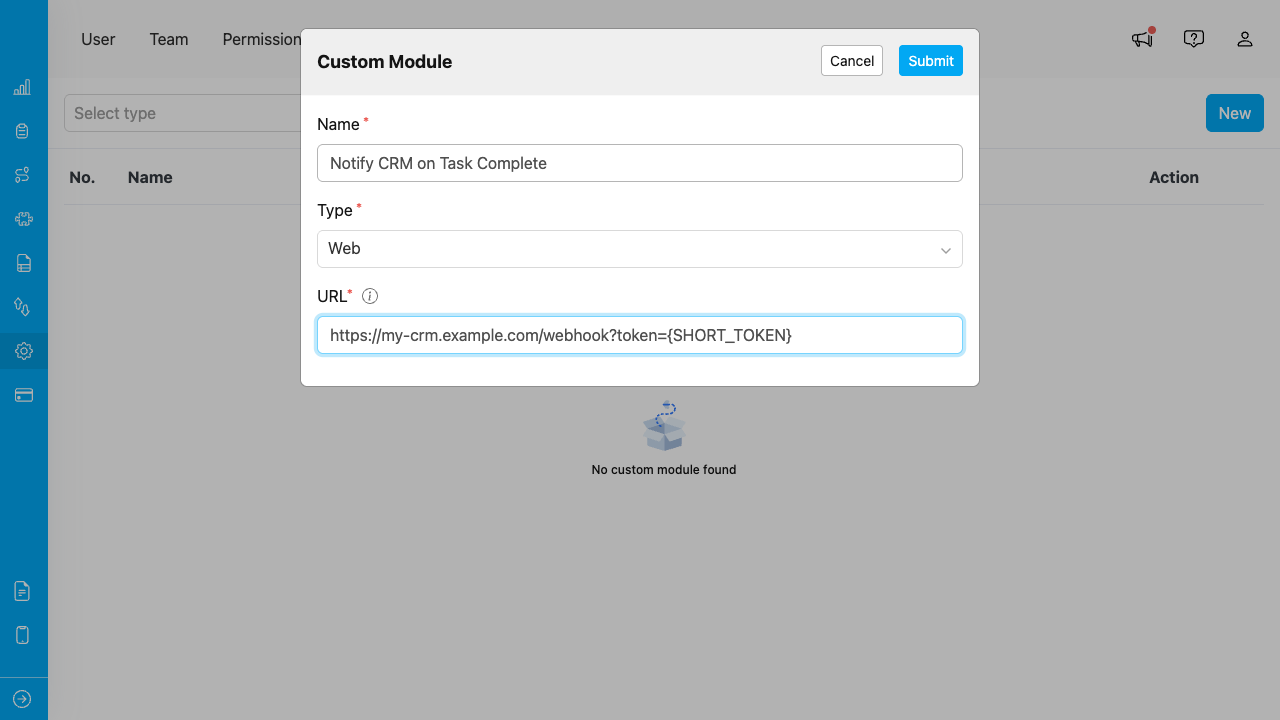 Custom Module Add dialog with {SHORT_TOKEN} placeholder in URL field